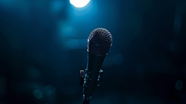 Podcast Host Speaking into Microphone in Dark Room with Light On