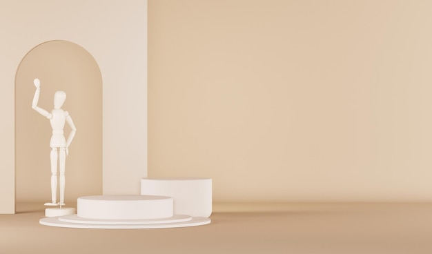 Podium and abstract background beige and white colors scene Geometric shapes interior 3d render