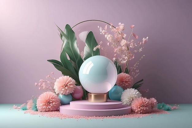 Podium and abstract cosmetic background for flower glass vase and spherical lights 3d render