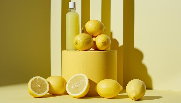 Photo podium adorned with lemons creating a sunny stage for fresh vitaminrich summer beverages beauty