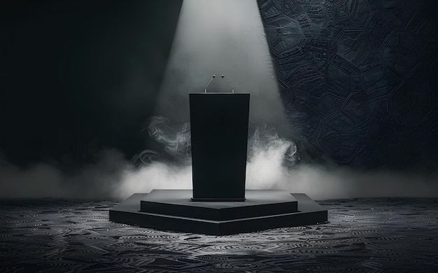 Photo podium against a black background with dark smoke featuring an abstract stage texture and fog illumi