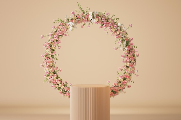 Podium backdrop for product display with pink rose flower Pastel flower frame 3d render