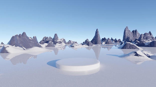 Podium on the background of a beautiful snowy landscape. 3D render.