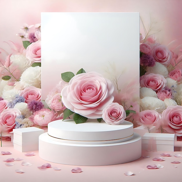 Podium background flower rose product pink 3d spring table beauty stand display nature white