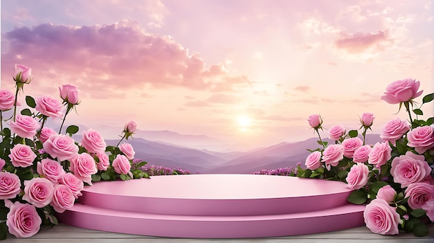 Podium background flower rose product pink 3d spring table beauty stand display nature white