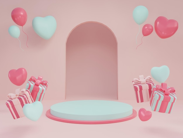 Podium background with 3d realistic pink heart and air balloon gift box