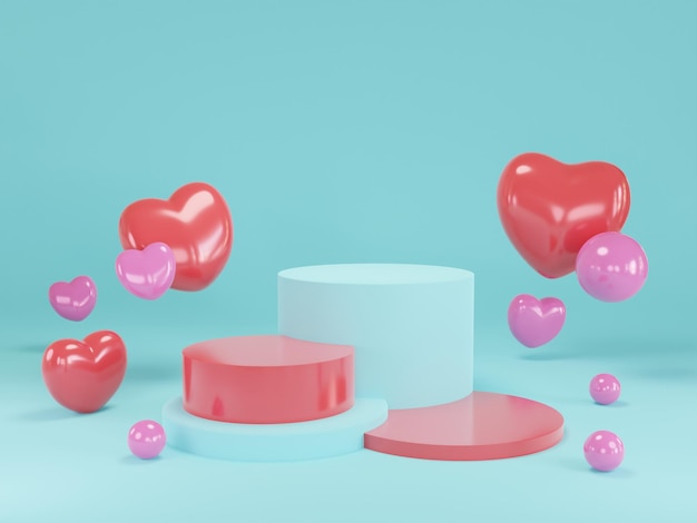 Podium background with 3d realistic pink heart gift box bubble speech pastel romantic