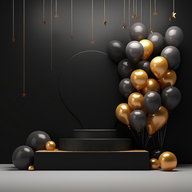 Podium and balloons on black background