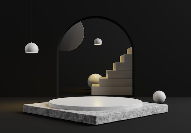 Podium by a Hanging spotlight white stair and white podium on Marble Basement and Black background