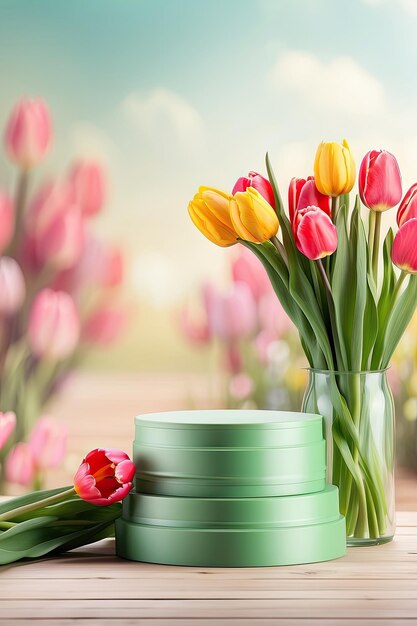 Podium for demonstration display and montage of product cosmetic with bright tulips spring decor Spring time background blooming birthday March 8 Easter womens day Copy space AI generated