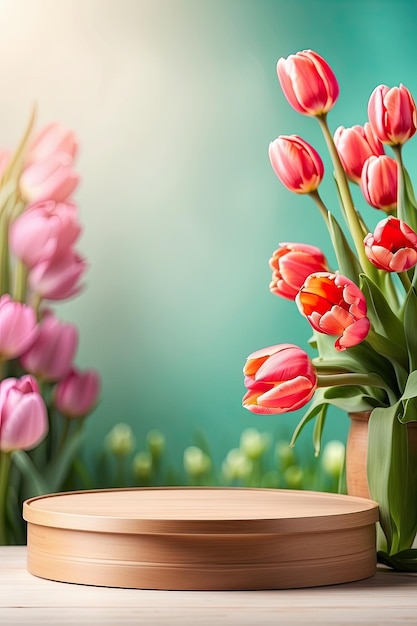 Podium for demonstration display and montage of product cosmetic with bright tulips spring decor Spring time background blooming birthday March 8 Easter womens day Copy space AI generated