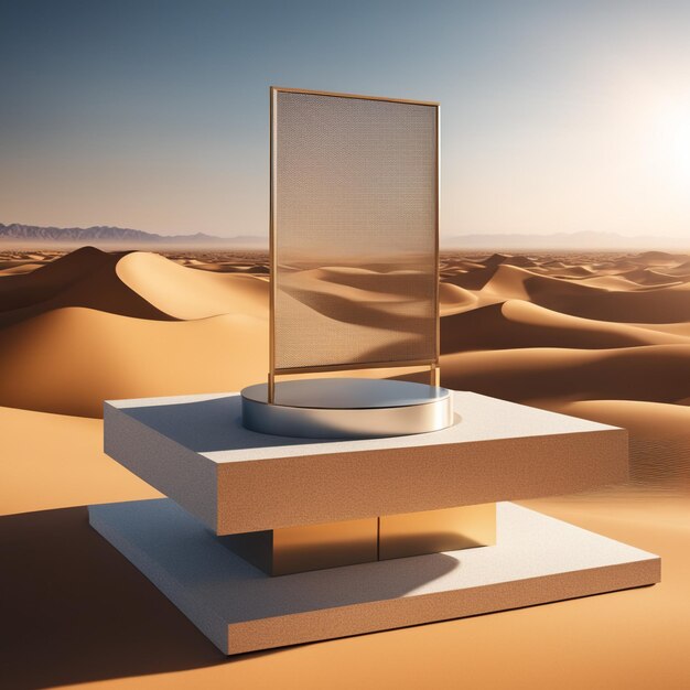 Photo podium on desert background display with sunshade and shadow on the background