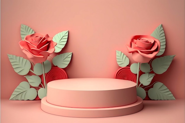 podium display, clean pastel pink background with red rose flowers