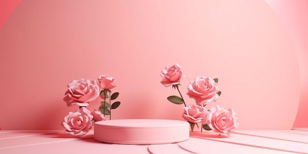 podium display pastel pink background with rose flowers Valentine feminine copy space template