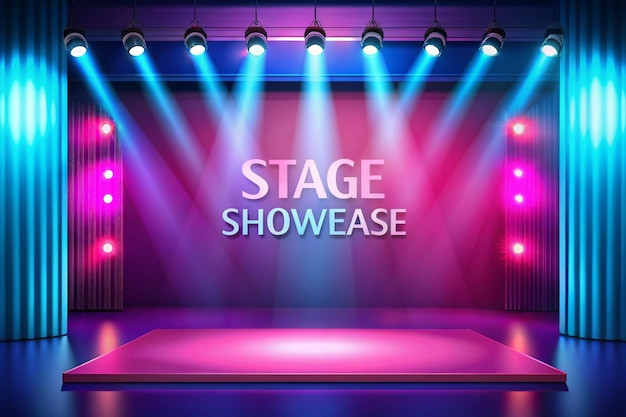 Photo podium display scene stage showcase front view with copy space on pink and blue background