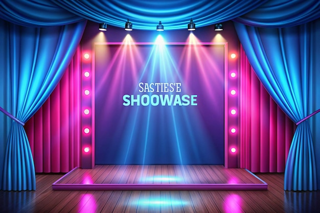 Photo podium display scene stage showcase front view with copy space on pink and blue background