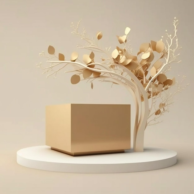 Podium Display with Christmasthemed Background Gift Box and Branding Banner on Beige Backdrop Generative AI