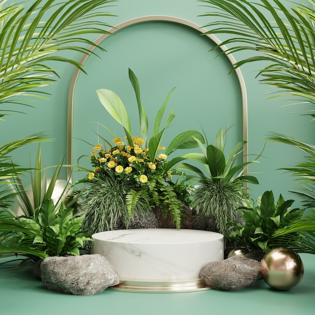 Podium display with Tropical leaf background,wall green,3D rendering