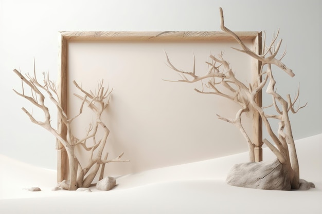 Podium and dry tree twigs branch with white sand beach on white background AI generated