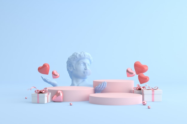 podium of gift box with heart balloons and human sculpture, Product presentation.