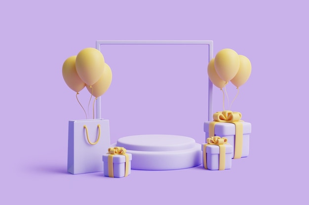 Podium gift boxes shopping bag balloons and frame on pastel purple background 3D render illustration