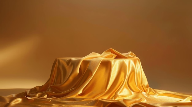 Photo podium golden table cloth with satin fabric on brown background luxury podium for product display