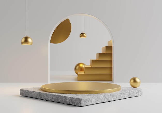 Podium illuminated by a Hanging Golden spotlight Golden stair and golden podium on Marble Base