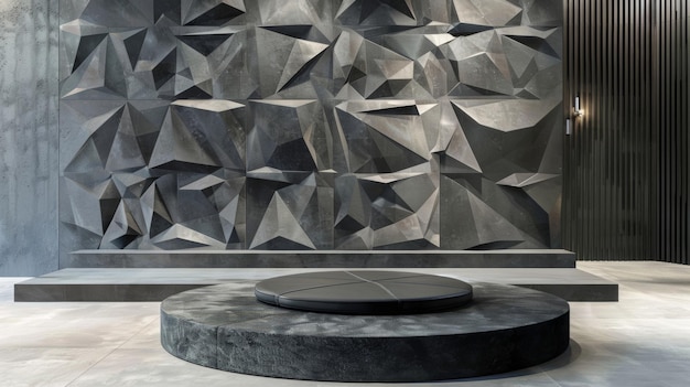 The podium is adorned with a geometric pattern in various shades of grey creating a modern and