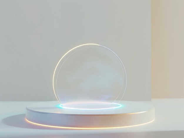 The podium is made of glass and has a ring of light at the top It is sitting on a white surface