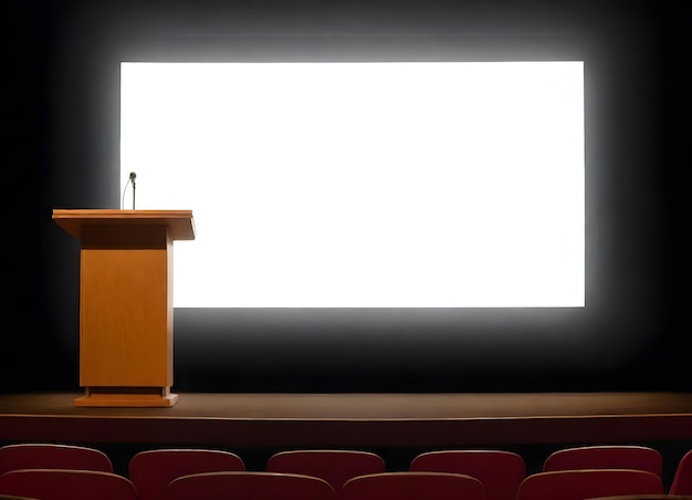 Photo a podium is shown in front of a stage with a white board that says quot presentation quot