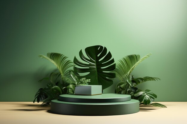 A podium made of green cylinder design adorned with a monstera leaf intended for presenting cosmetics and other products with a clean and simple background