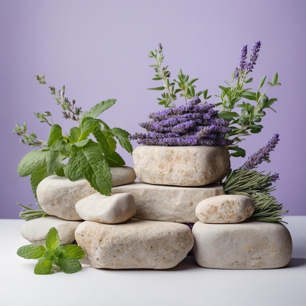 Podium made of stone lavender twigs and mint leaves for product presentation display