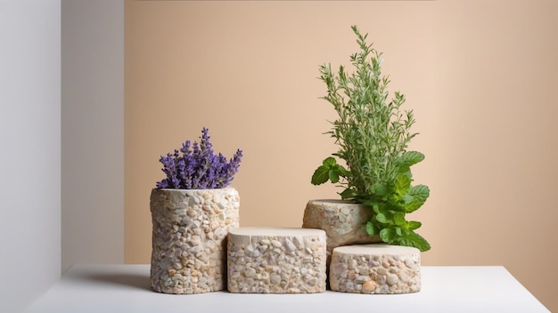 Podium made of stone lavender twigs and mint leaves for product presentation display