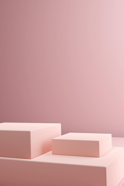 Podium made of three 3d pastel square shapes of different sized against pink background for copy space