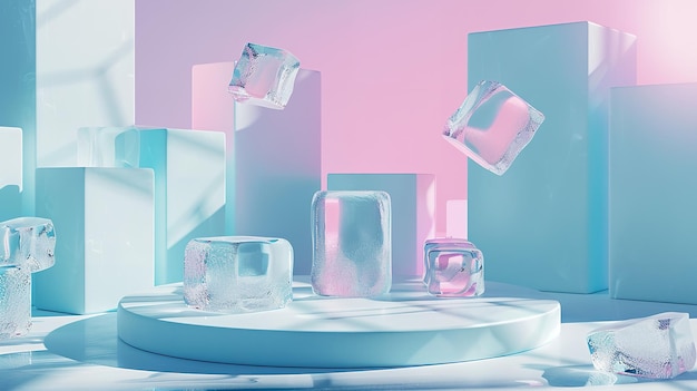 Podium mockup refreshing summer ice cube background for product showcase 3D rendered image Generative AI