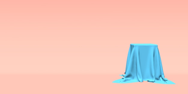 Podium pedestal or platform covered with blue cloth on pink background 3D rendering