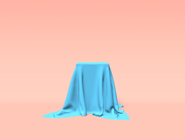 Podium, pedestal or platform covered with blue cloth on pink background. Abstract illustration of simple geometric shapes. 3D rendering.