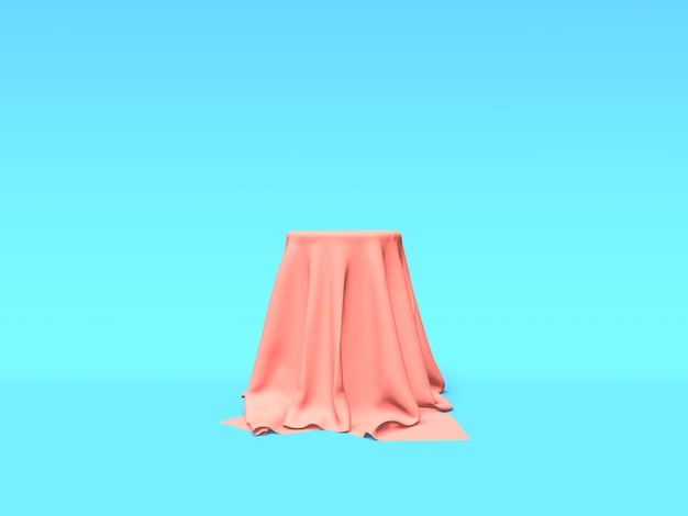 Podium pedestal or platform covered with pink cloth on blue background 3D rendering