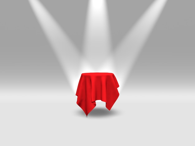 Podium, pedestal or platform covered with red cloth illuminated by spotlights on white background. Abstract illustration of simple geometric shapes. 3D rendering.