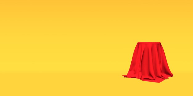 Podium pedestal or platform covered with red cloth on yellow background 3D rendering