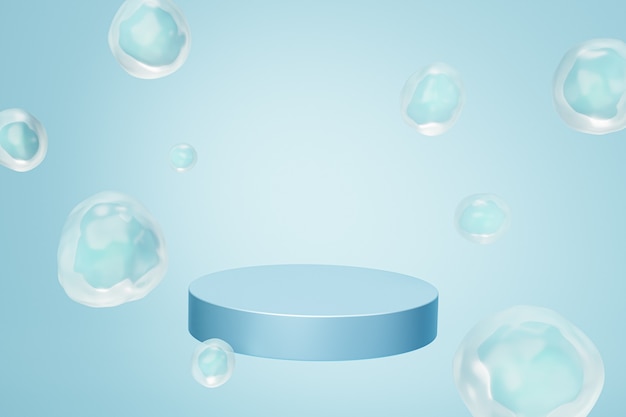 Podium or pedestal for products or advertising with bubbles on pastel blue background, 3d render