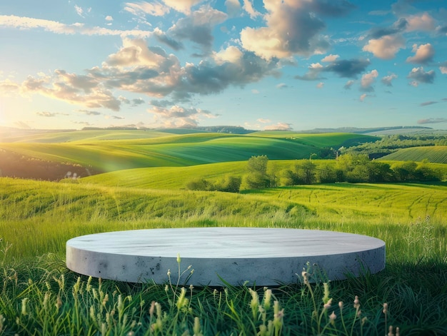 Podium for product demonstration mesmerizing beautiful summer landscape in the background saturated