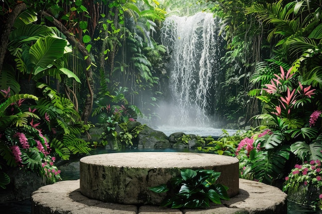 Podium for Product Presentation in Rainforest Waterfall Setting