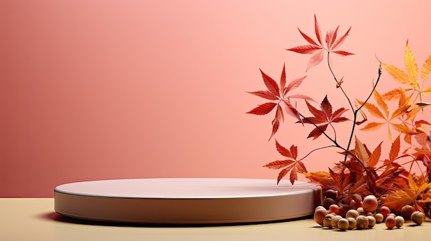 Podium product showcase adorned with autumn leaves against a blank background warm sunlight casting gentle shadows on the products creating an inviting and seasonal display