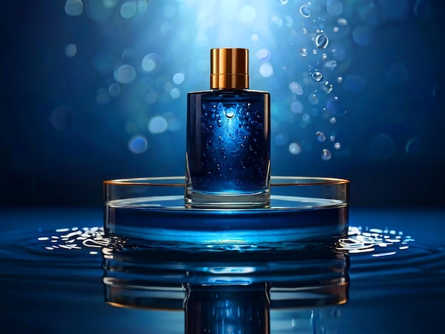 podium reflection of water dark blue colors cosmetic product light background