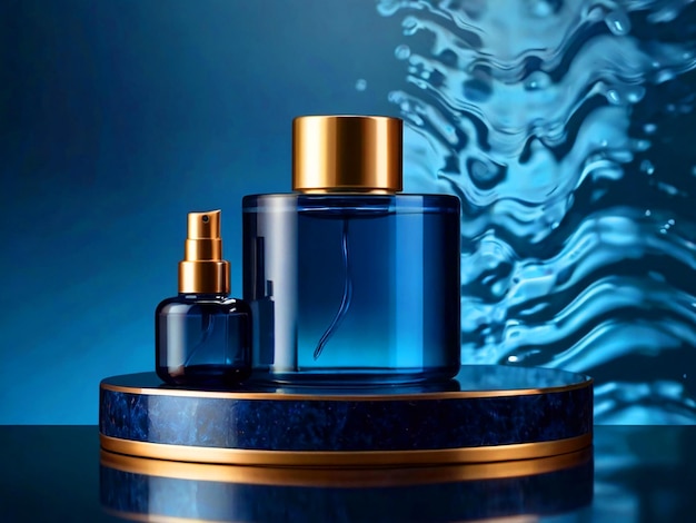 podium reflection of water dark blue colors cosmetic product light background