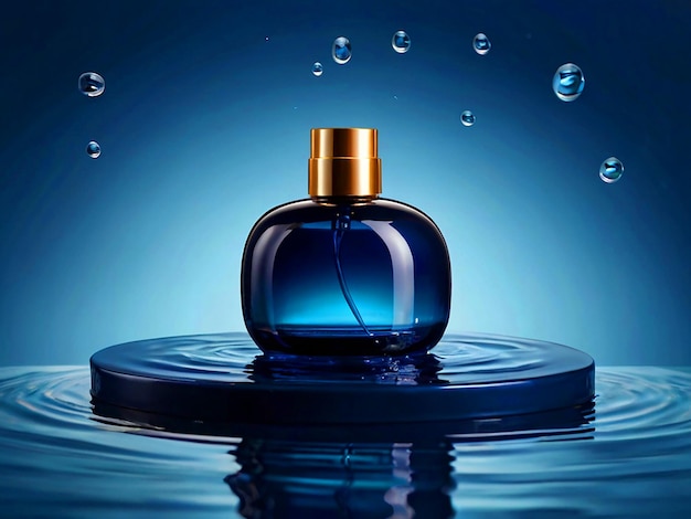 podium reflection of water dark blue colors cosmetic product light background