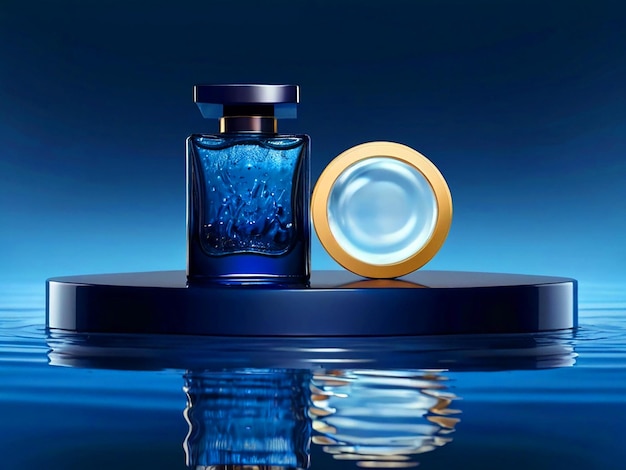 podium reflection of water dark blue colors cosmetic product light background