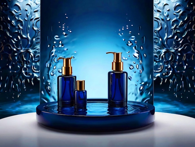 podium reflection of water dark blue colors cosmetic product light background