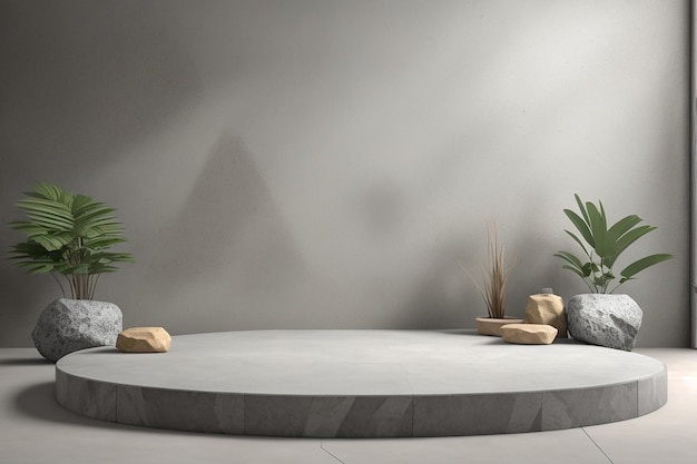 Podium rough stone gray empty product stand natural modern studio background for product placement 3d rendering